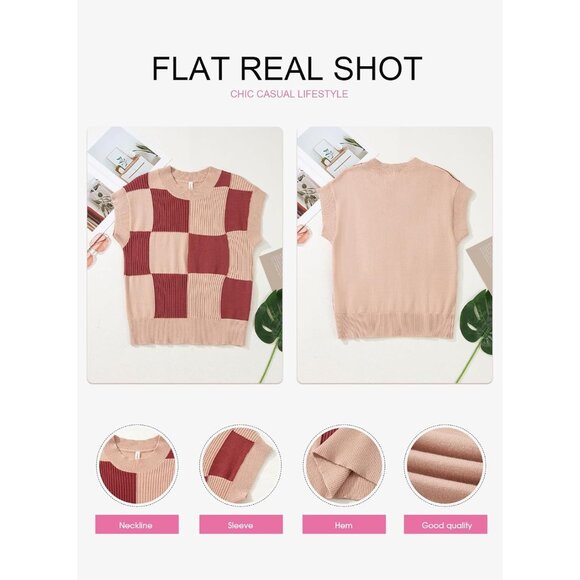 Women Short Sleeve Sweater Vest Knit Top Color Block Casual Fall Fashion - Picture 5 of 5